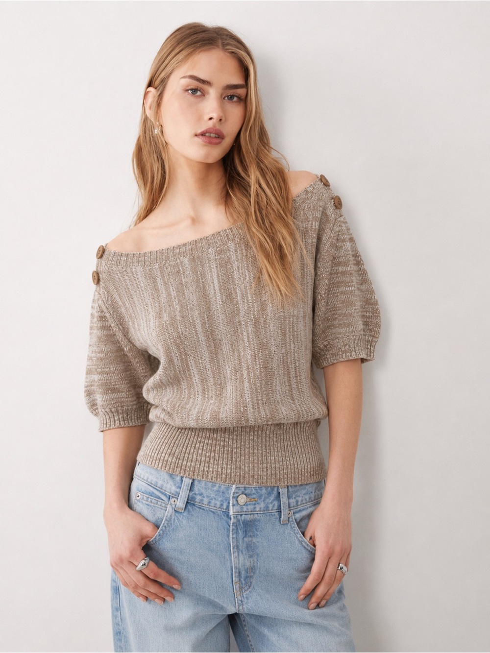 Faded Glory Beige Button Shoulder Knit Sweater Top Size L